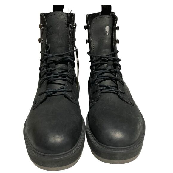 Sorel Boots Womens 7.5 Hi-Line Jet Black Leather Waterproof Lace Up Combat Biker - Picture 3 of 10